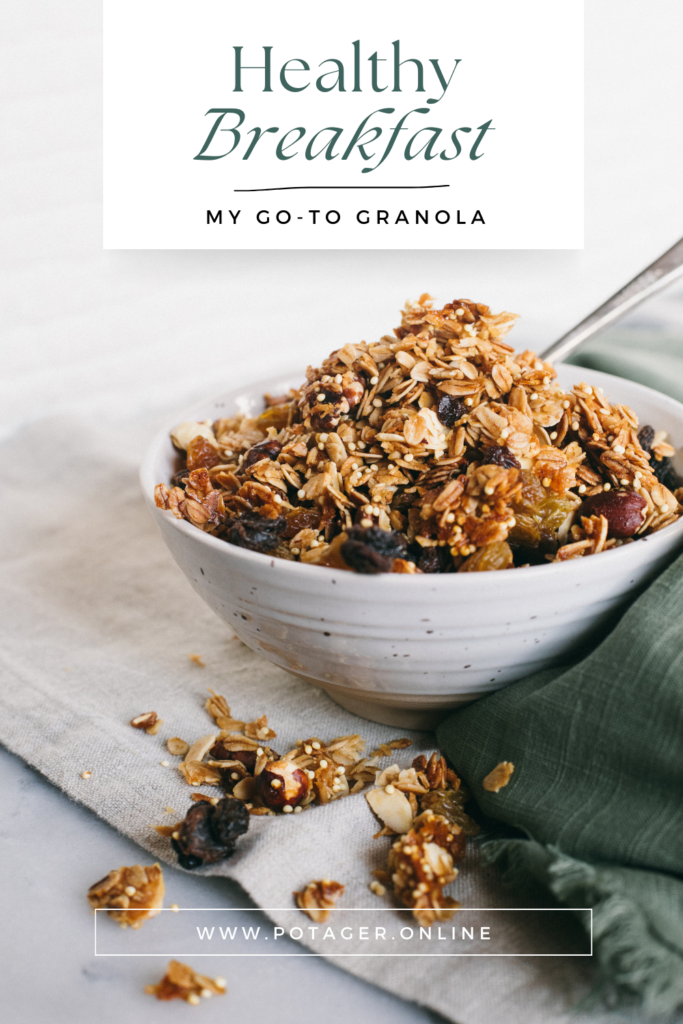 Pinnable Image of a stoneware bowl full of homemade granola with information on where to find the printable recipe