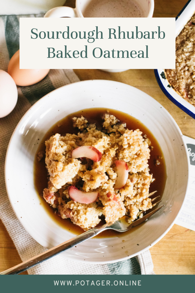 Pinnable image of a Sourdough Rhubarb Baked Oatmeal and where to find the recipe.