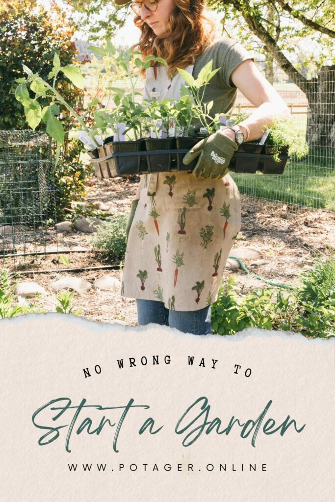 Pinnable image of a woman with a tray of seedlings and where to find info on planting a garden