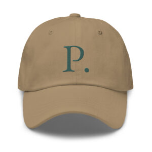 Photo of a khaki colored gardening hat embroidered with a P. from the Potager Online shop