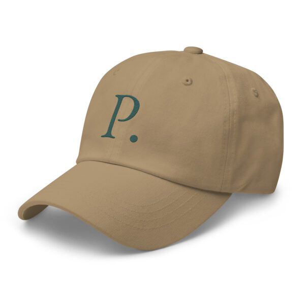 Photo of a khaki colored gardening hat embroidered with a P. from the Potager Online shop