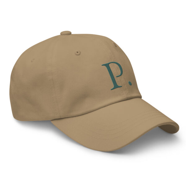 Photo of a khaki colored gardening hat embroidered with a P. from the Potager Online shop