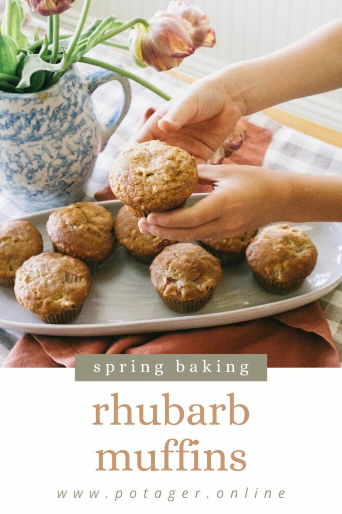 Pinnable image of a tray of rhubarb muffins and hands picking one up to eat