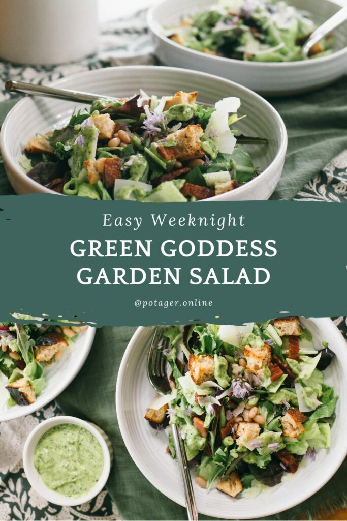 Pinnable image of a Green Goddess Garden Salad recipe with photos of salads in bowls with green dressing on a table