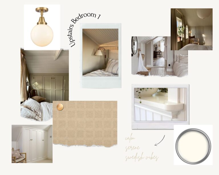 Collage of ideas for an attic bedroom.