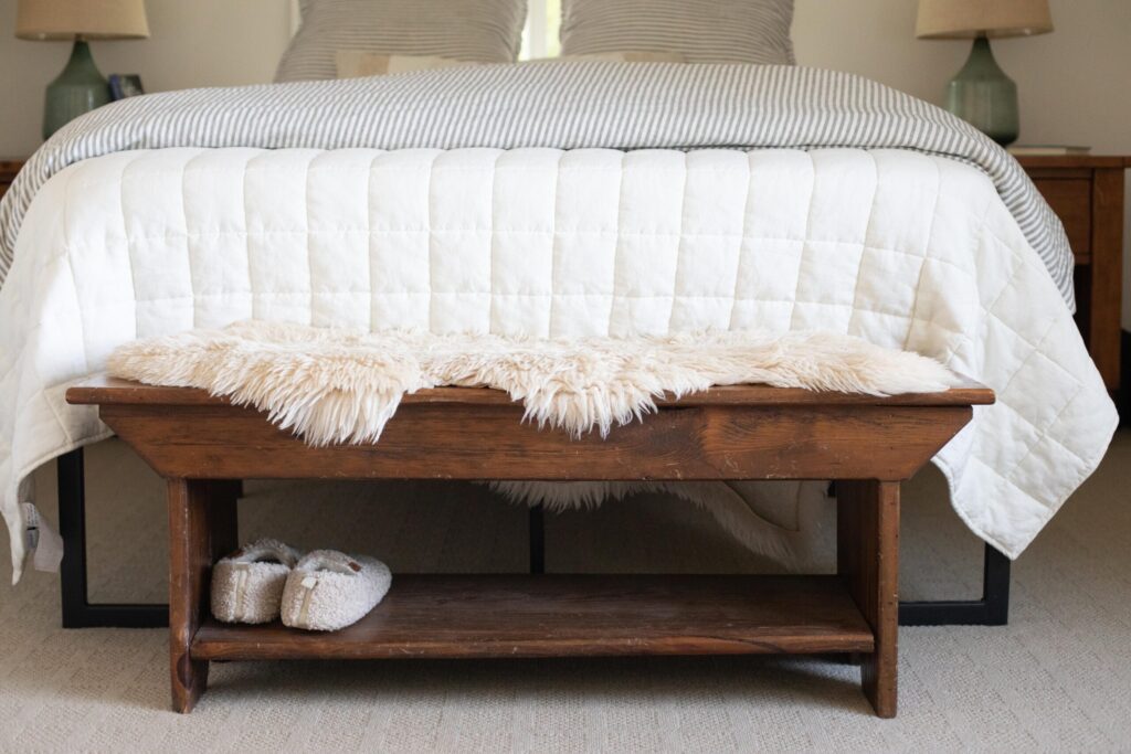 Image of a secondhand rustic bench in an attic bedroom