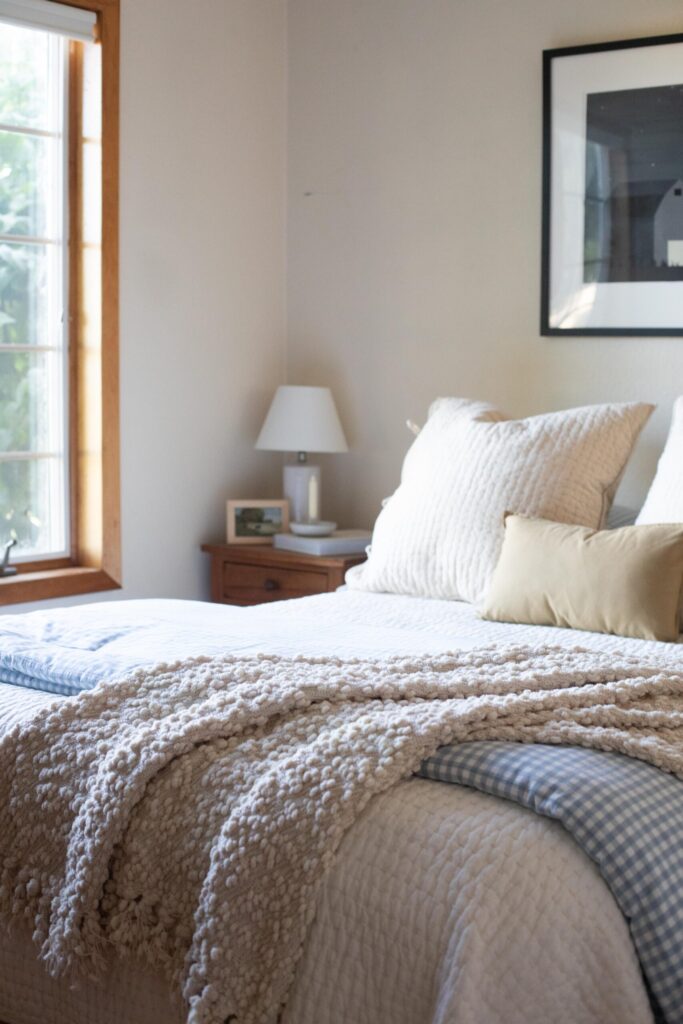 Image of a guest bedroom decorated with secondhand linens and furniture
