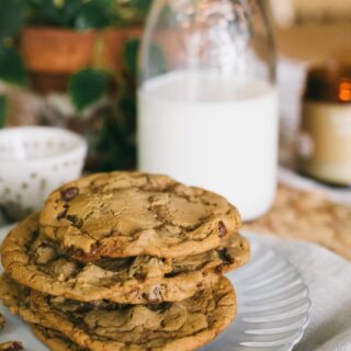 Image showing a stack of Einkorn Chocolate Chip Cookies with a bottle of milk