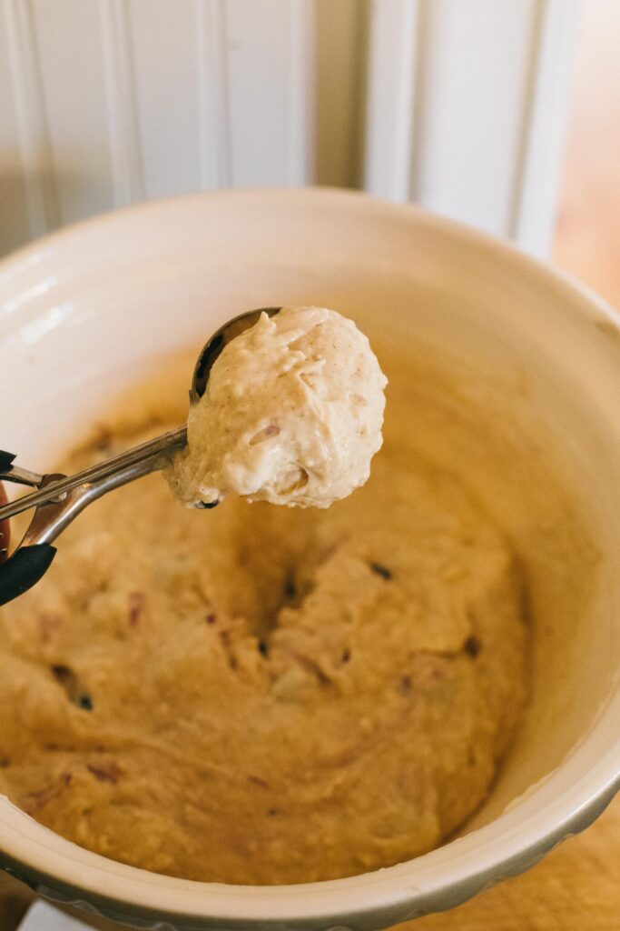 Image of a scoop of Einkorn Blueberry Muffin batter