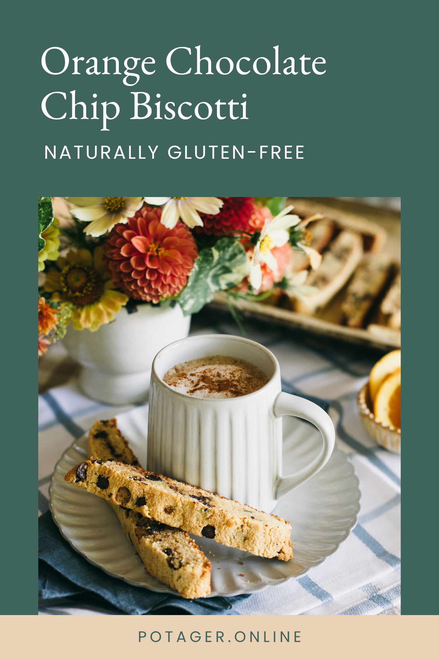 Pinnable image showing where to find a recipe for Orange Chocolate Chip Biscotti