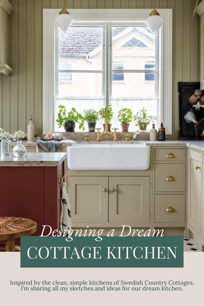 Pinnable image of where to find a Potager Online blog post about designing a dream cottage kitchen